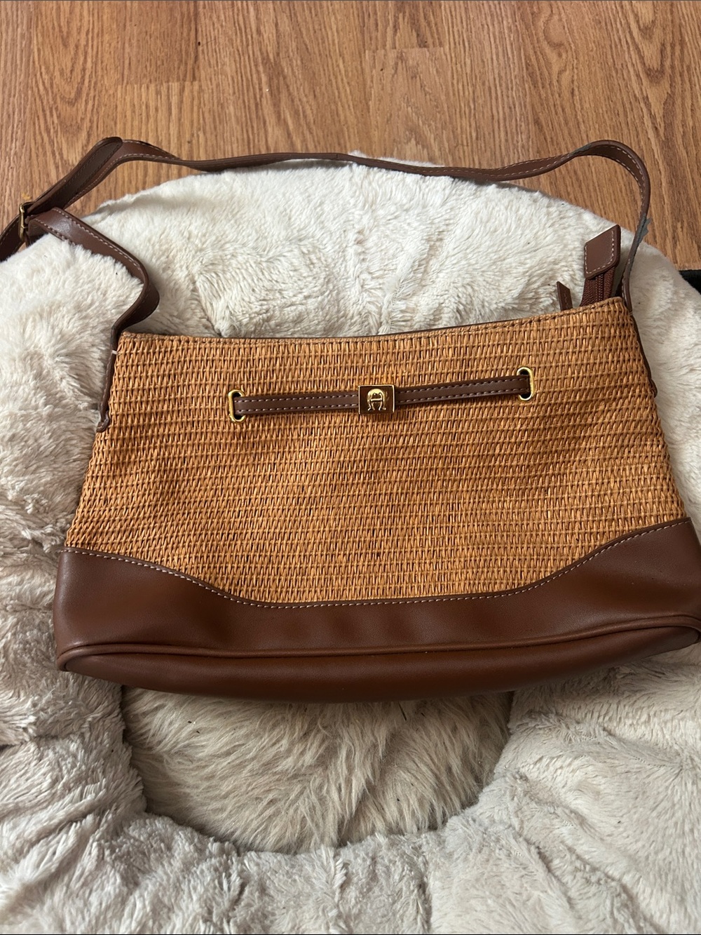 Vintage Etienne Aigner Tan Woven Shoulder Bag with Brown Trim